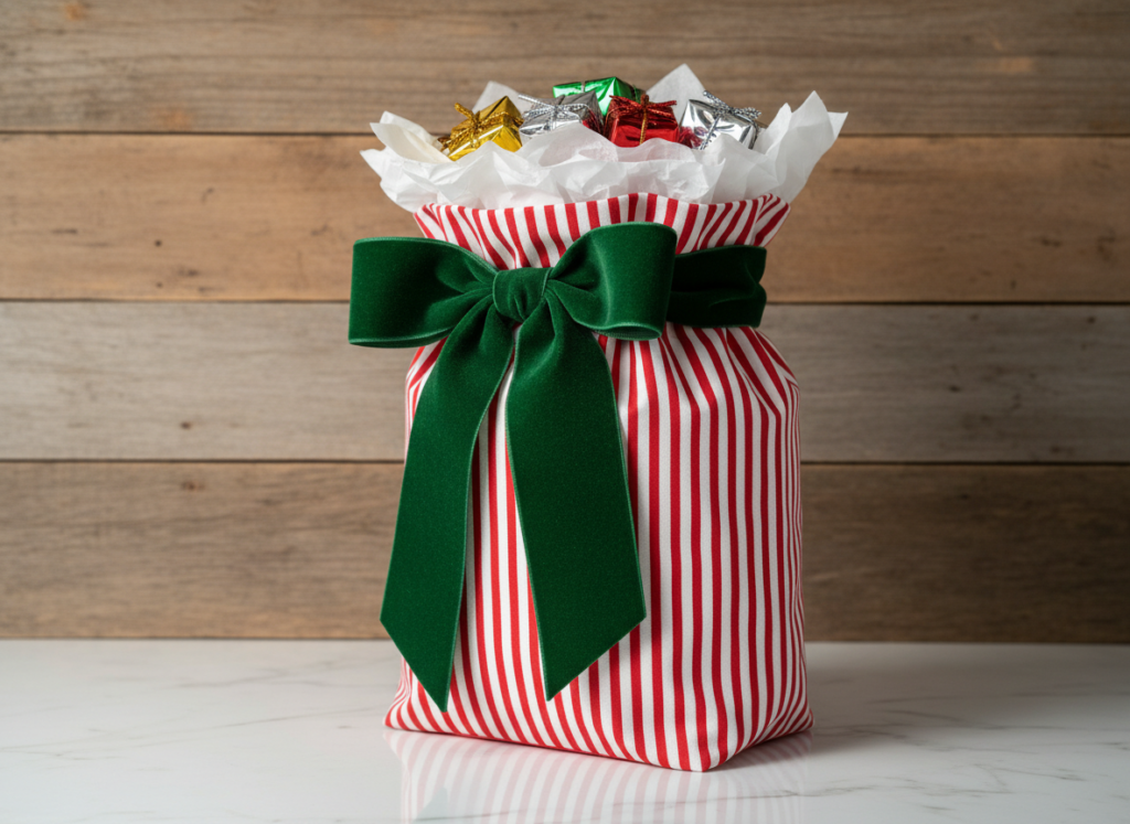 standing fabric gift bag with flat bottom filled with tissue paper and small gifts