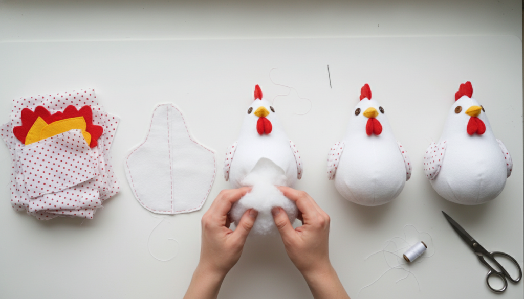 step by step process of assembling chicken sewing pattern stuffed body pieces