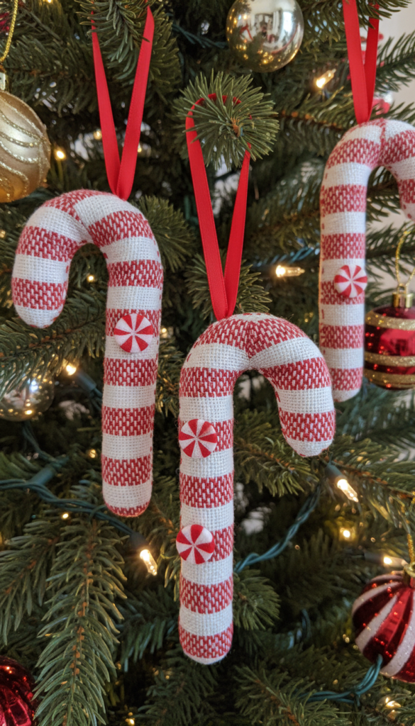 striped fabric candy cane ornaments on Christmas tree