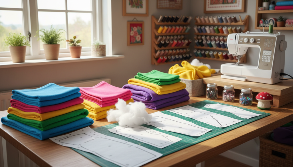 stuffed animal sewing workspace with fabric and pattern pieces