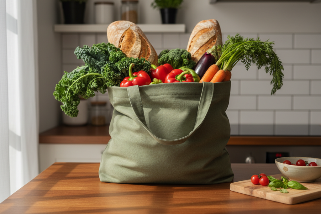 sturdy reusable shopping bag filled with produce