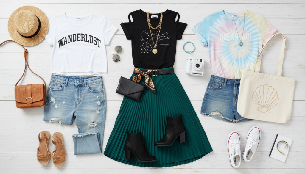 styled outfits featuring DIY cut shirts with various bottoms and accessories