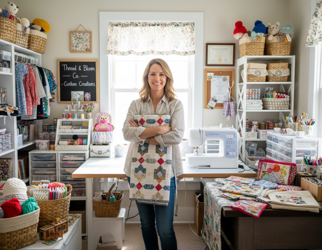 successful home sewing business owner in workspace with products