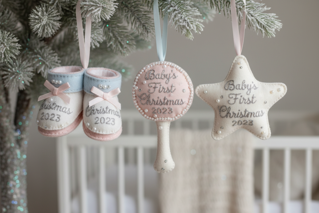 sweet baby's first Christmas fabric ornaments in soft colors