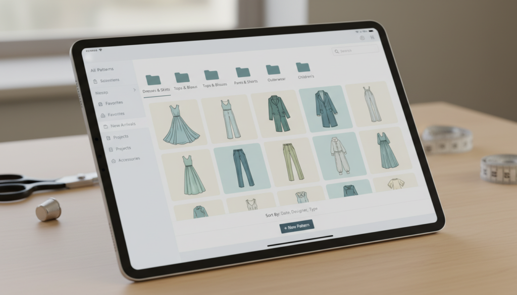 tablet displaying digital sewing pattern library organization