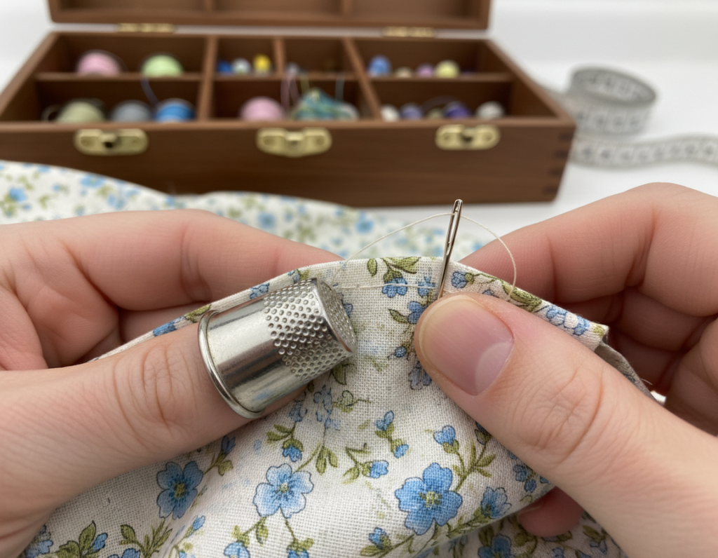 thimble protecting finger while hand sewing