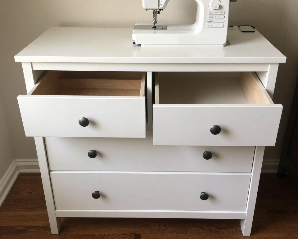 thrifted furniture transformed into sewing workstation