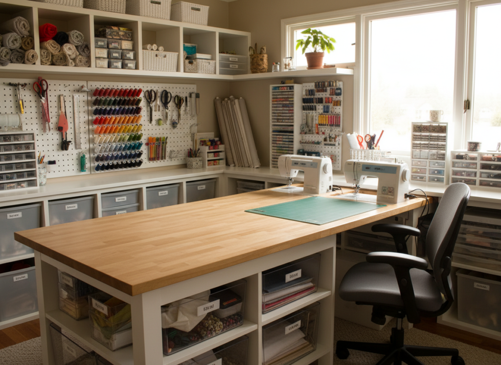tidy sewing room with everything in its designated place