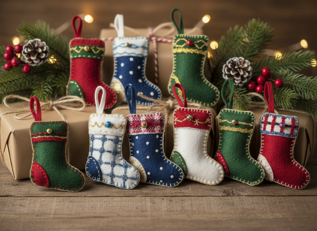 tiny decorative stockings used as gift tags and tree ornaments