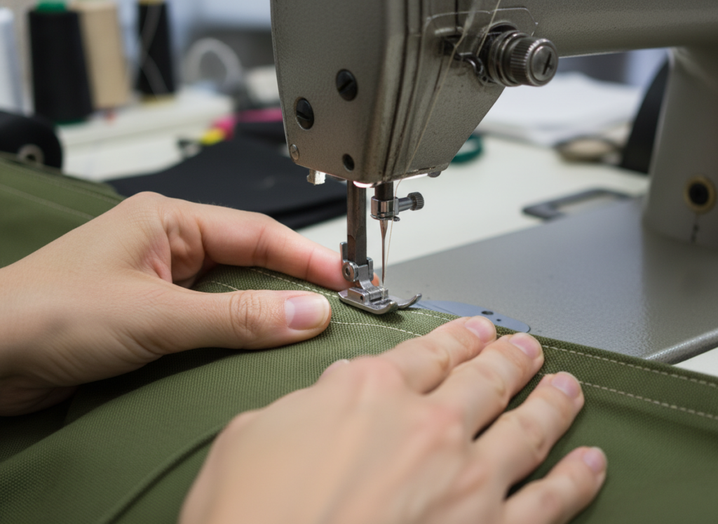 topstitching along edge of tote bag strap