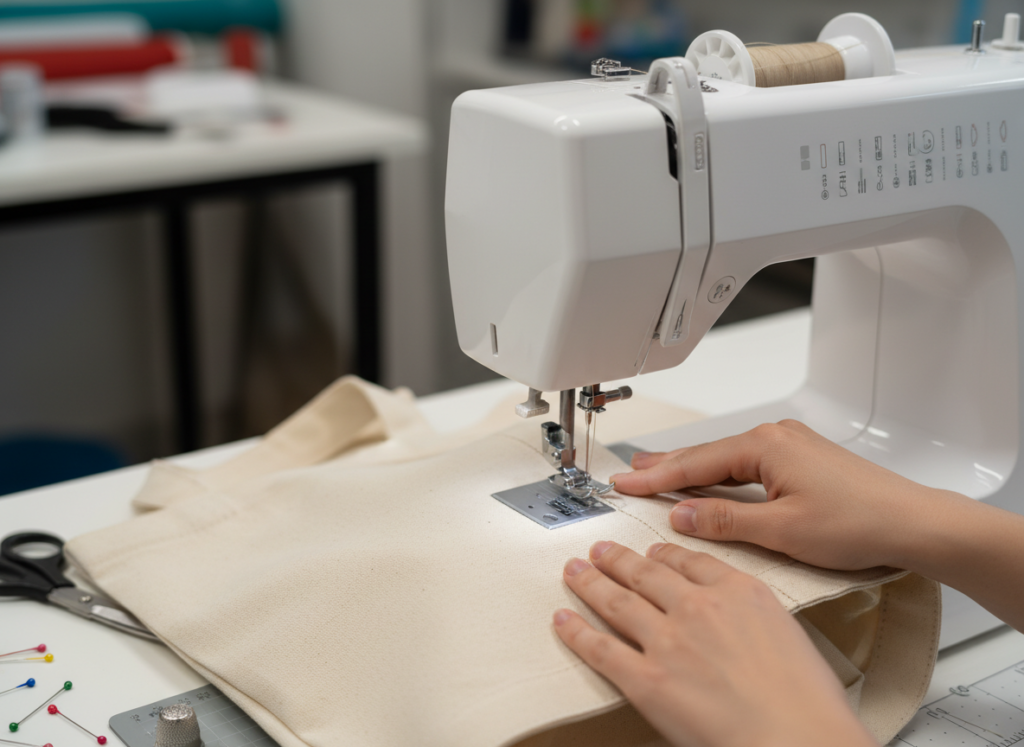 topstitching along top edge of tote bag