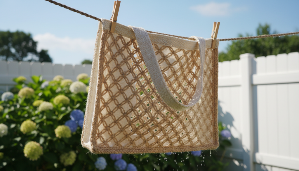 tote bag air drying on clothesline