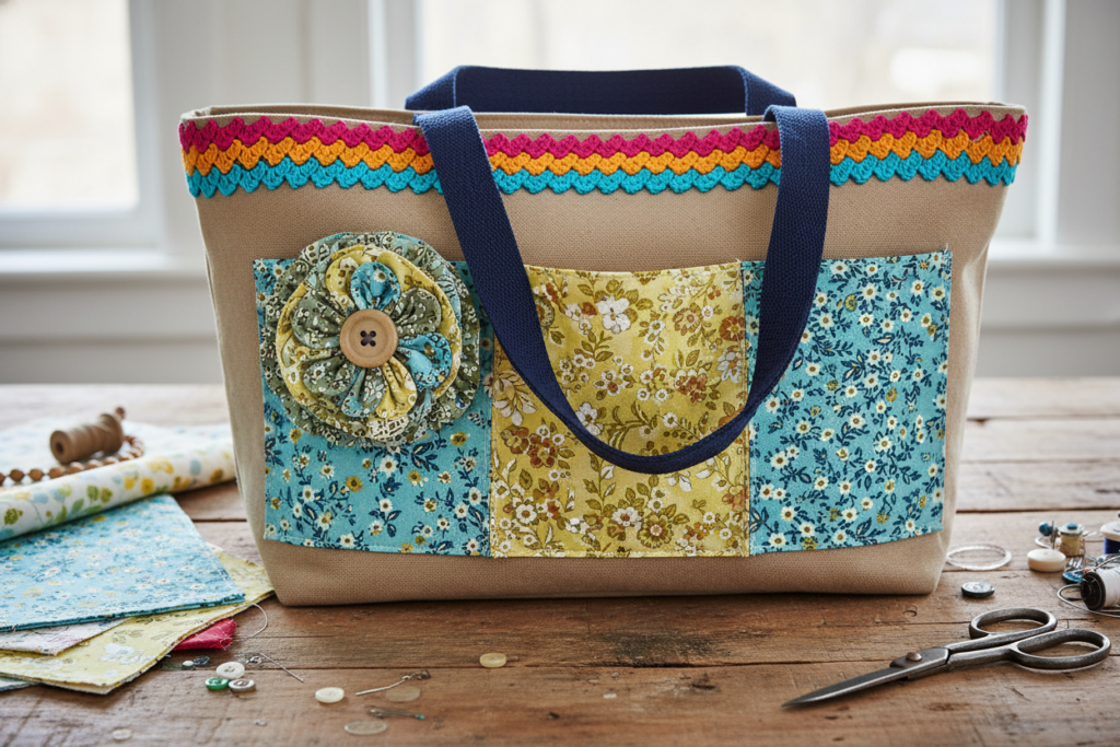 tote bag with decorative elements and embellishments