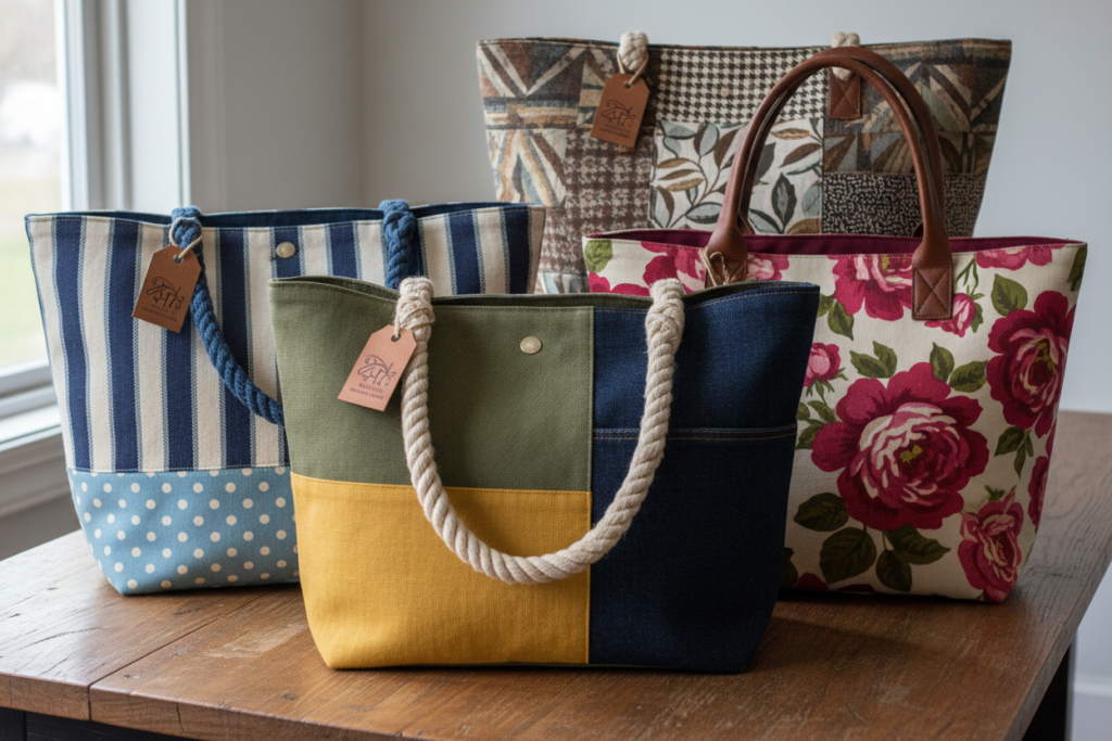 tote bags with mixed match fabrics pattern