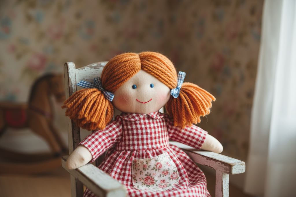 traditional rag doll pattern with fabric and yarn hair