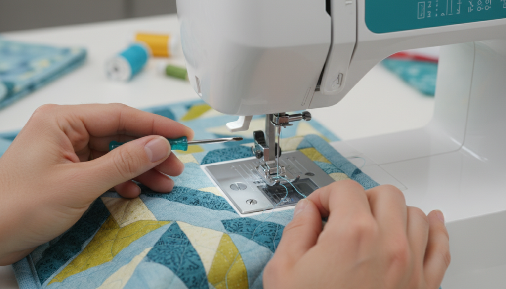 troubleshooting sewing problems with close-up of solutions being implemented