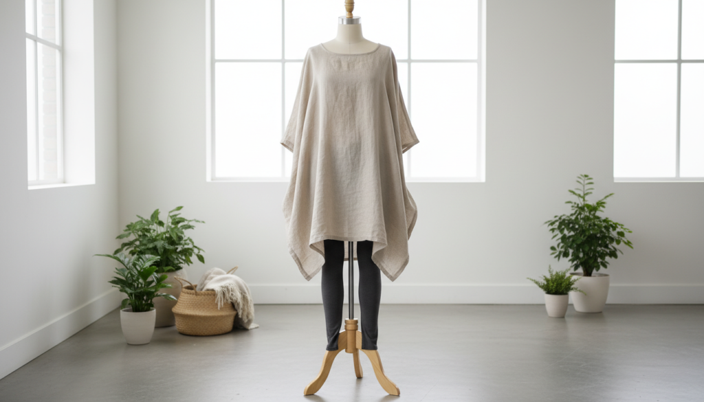 tunic length top in linen fabric showing extended length and styling options