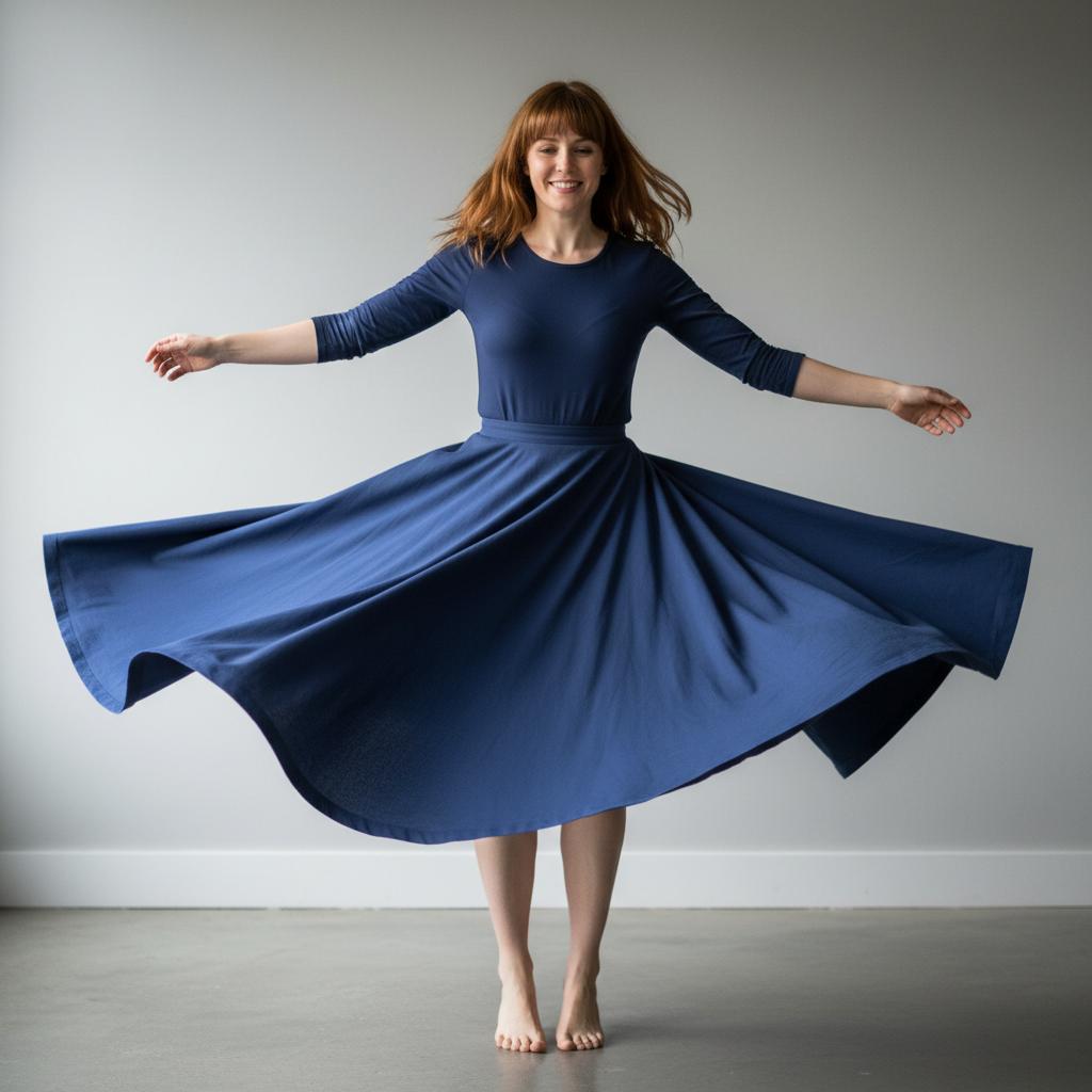 twirling circle skirt showing full fabric movement