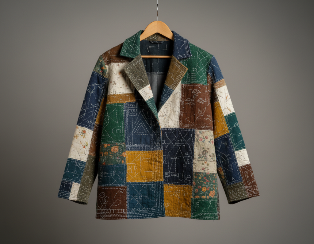 unique patchwork jacket made from various fabric scraps and old clothing