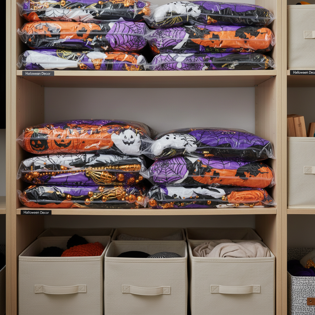 vacuum sealed bags with halloween fabric decorations