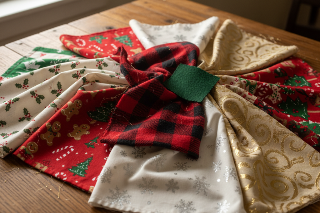 variety of Christmas fabric patterns and textures for ornament making