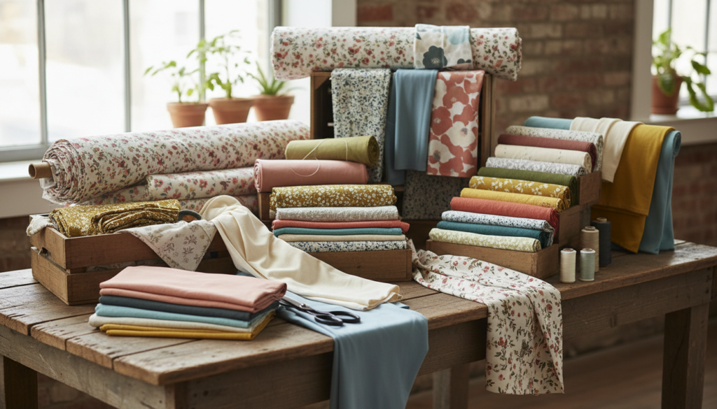 variety of beginner-friendly dress fabrics in different colors and patterns