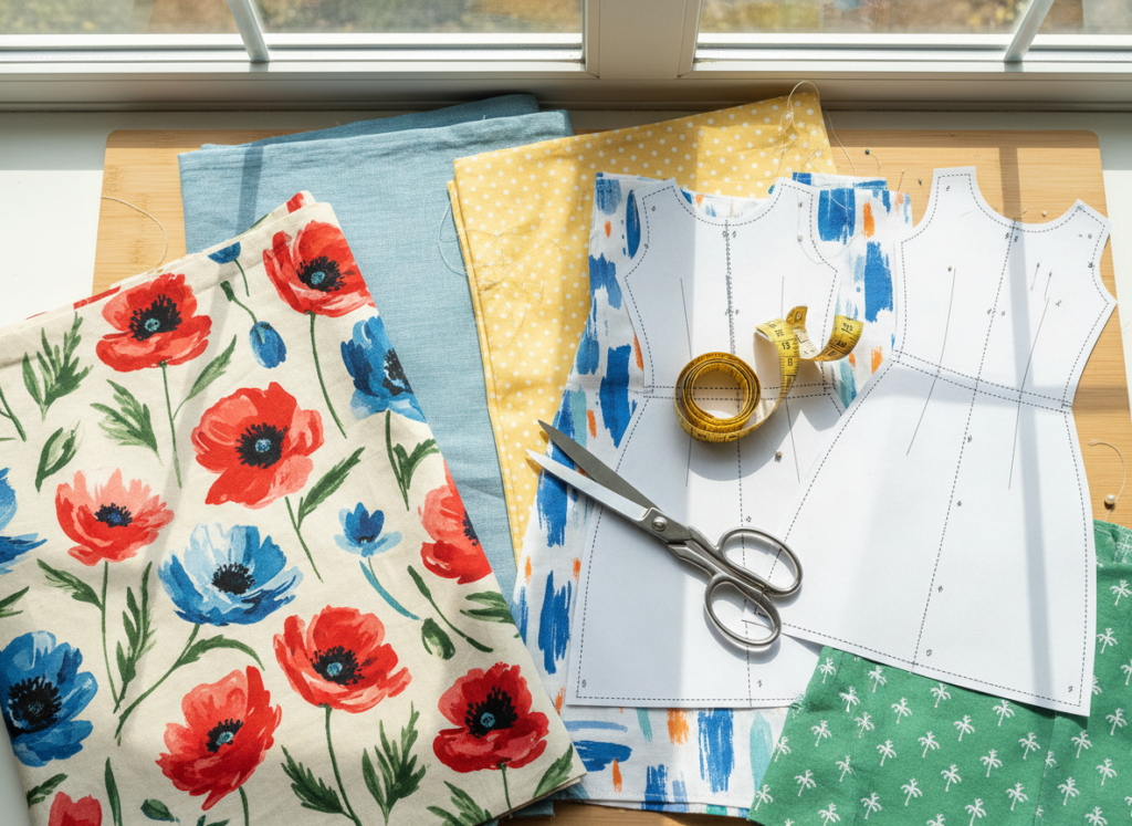 variety of colorful summer fabrics and sewing supplies laid out on table