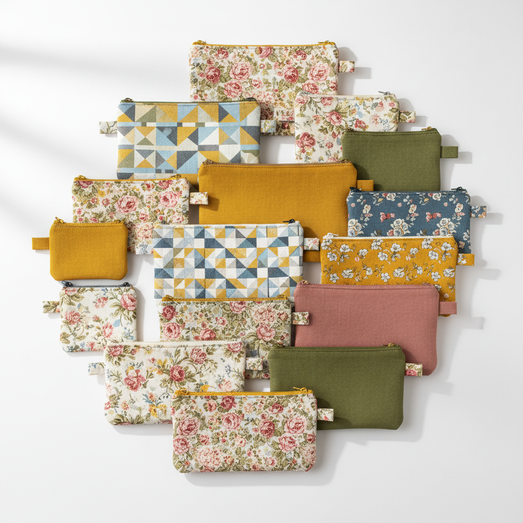 variety of colorful zippered fabric pouches in different sizes and patterns
