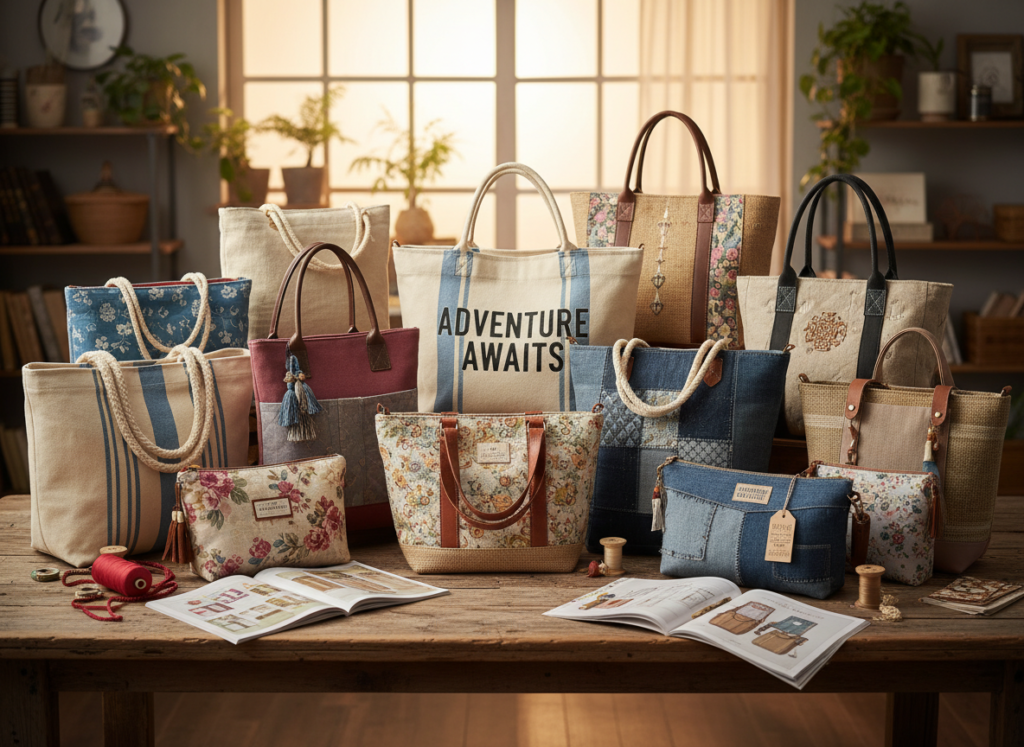 variety of completed tote bags in different styles