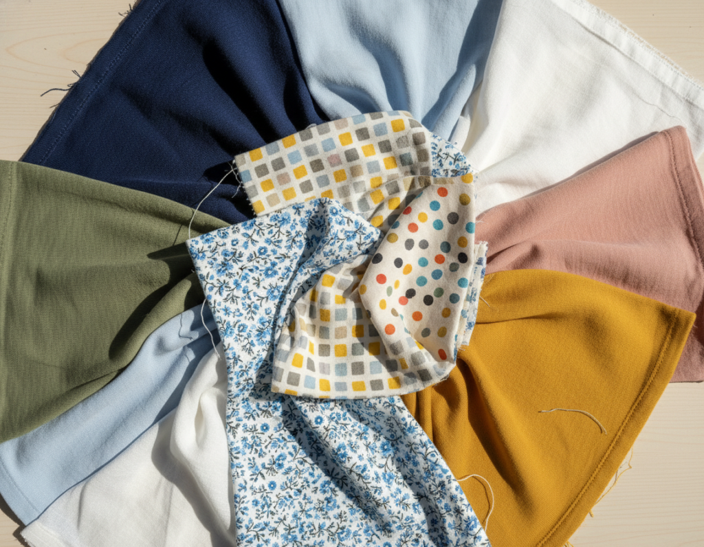 variety of cotton and knit fabrics in different colors and patterns