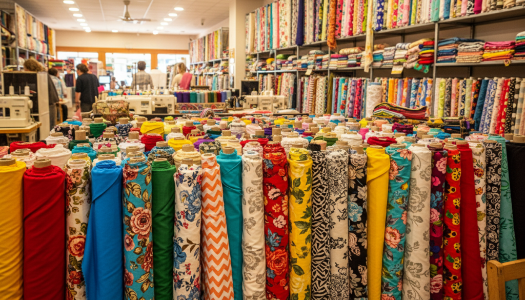 variety of cotton fabric bolts in different colors and patterns