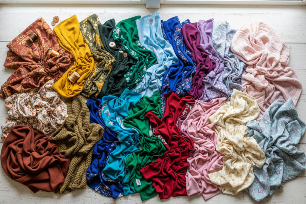 variety of dress fabrics including cotton and knit materials