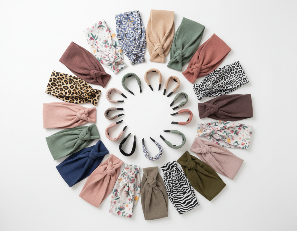 variety of fabric headbands in different styles and patterns for all ages