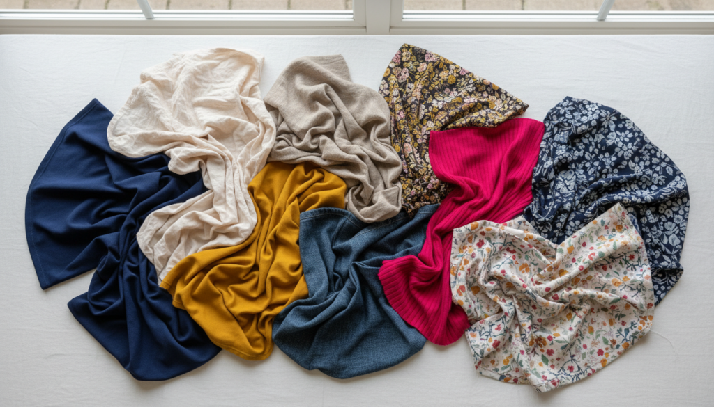 variety of fabric swatches for sewing tops displayed together