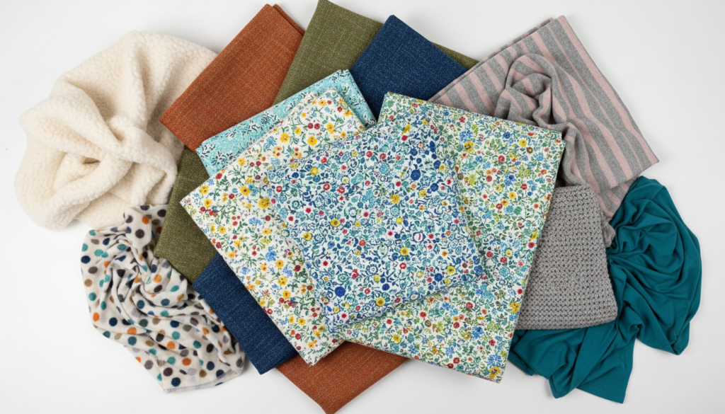 variety of fabrics suitable for different sewing gift projects displayed together