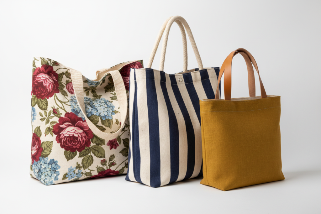 variety of handmade tote bags in different fabrics and sizes
