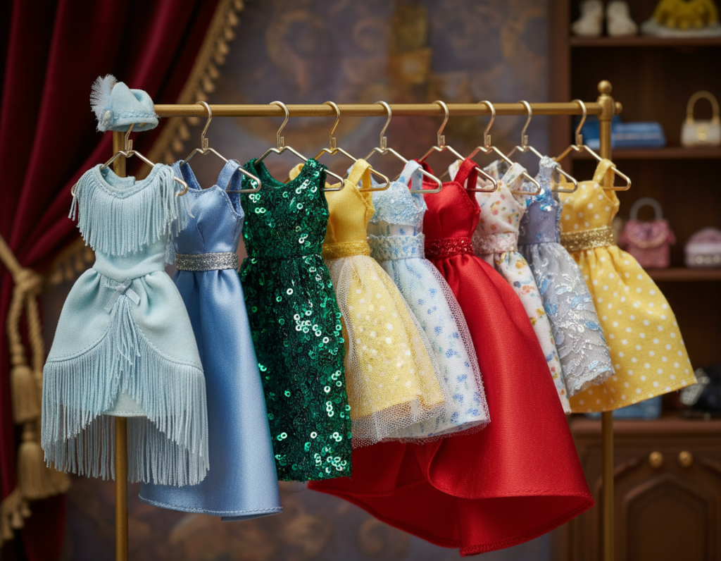 variety of miniature doll dress patterns and finished garments