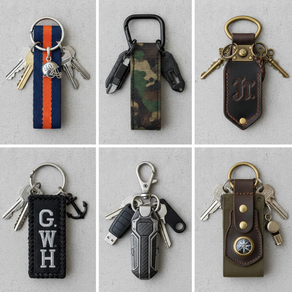 variety of personalized key fobs in different masculine styles