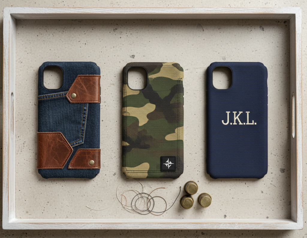 variety of personalized phone cases with different masculine fabrics and details
