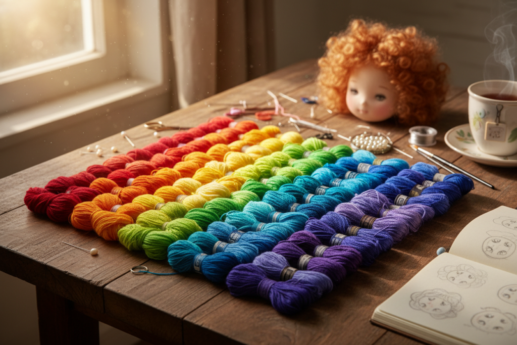 variety of yarn colors and embroidery floss for doll features