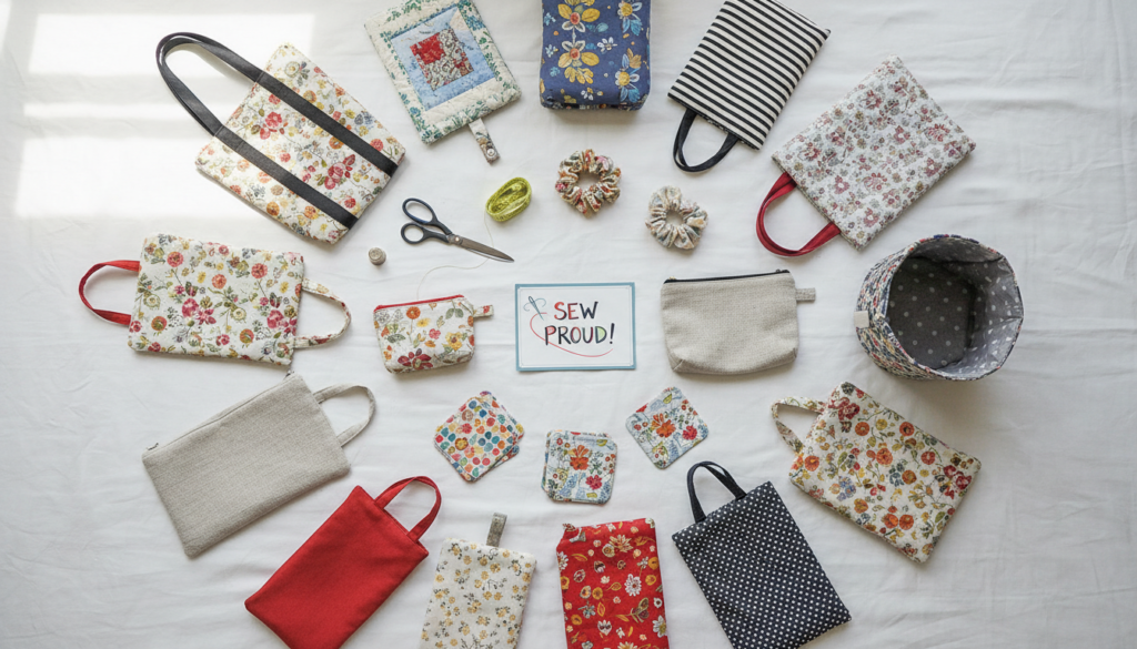 various completed beginner sewing projects displayed together