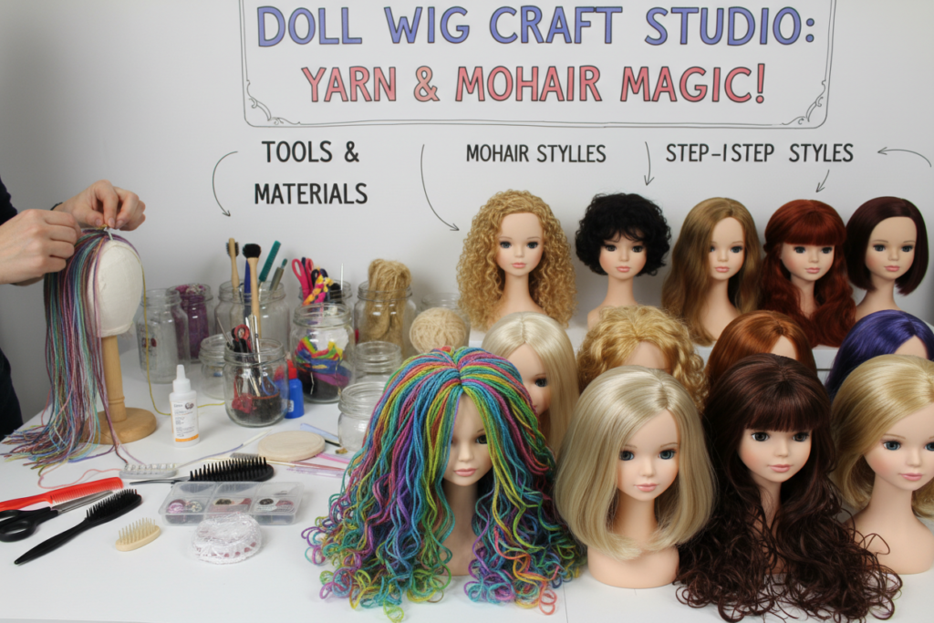 various doll wig styles and hair-making techniques demonstrated