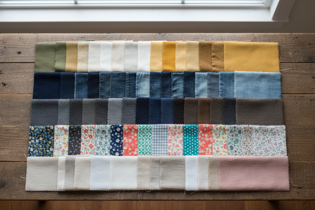 various fabric types suitable for bag making laid out flat