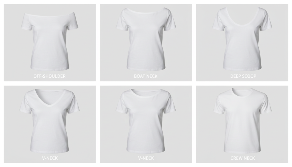 various neckline and shoulder cutting styles on t-shirts