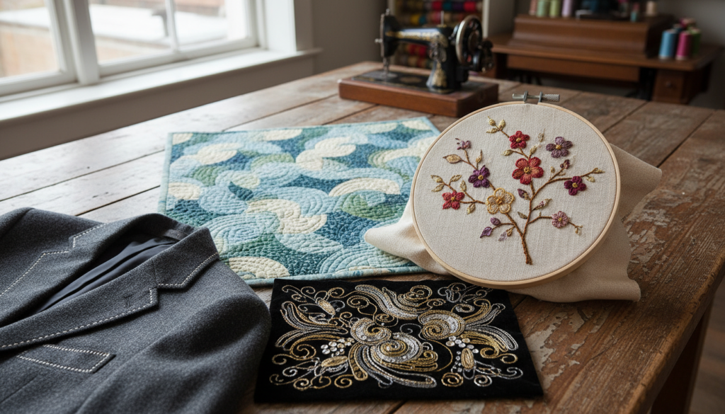 various sewing disciplines displayed including quilting and embroidery