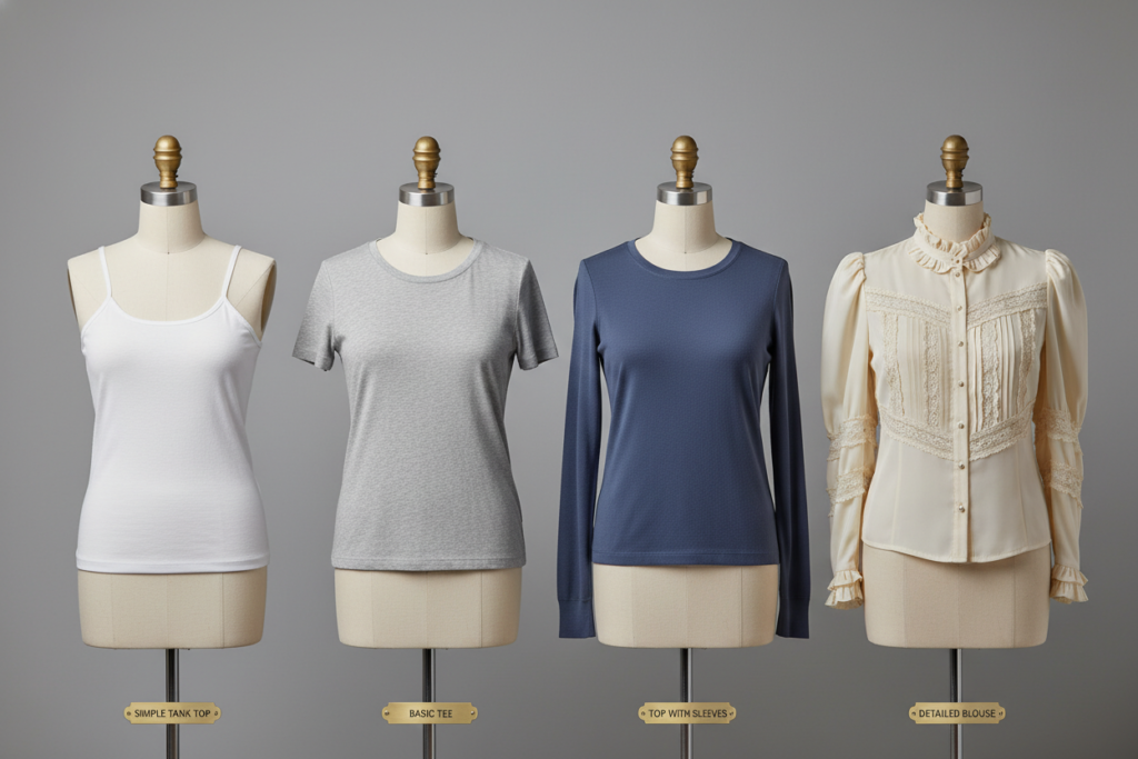 various top styles showing progression of sewing skills