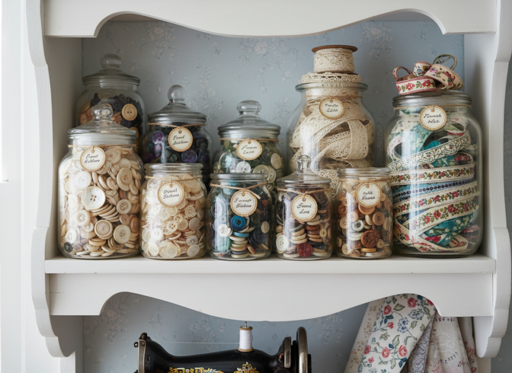 vintage jars displaying buttons and trim on shelf