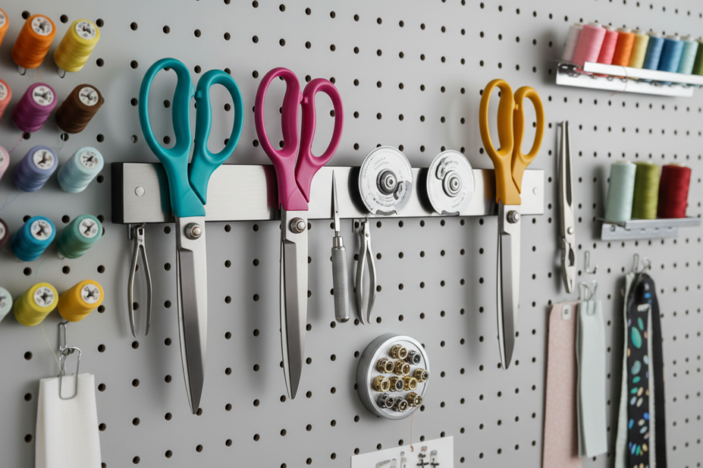 wall-mounted magnetic strip holding scissors and metal tools