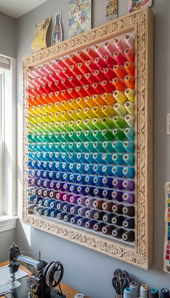 wall-mounted thread rack displaying spools by color