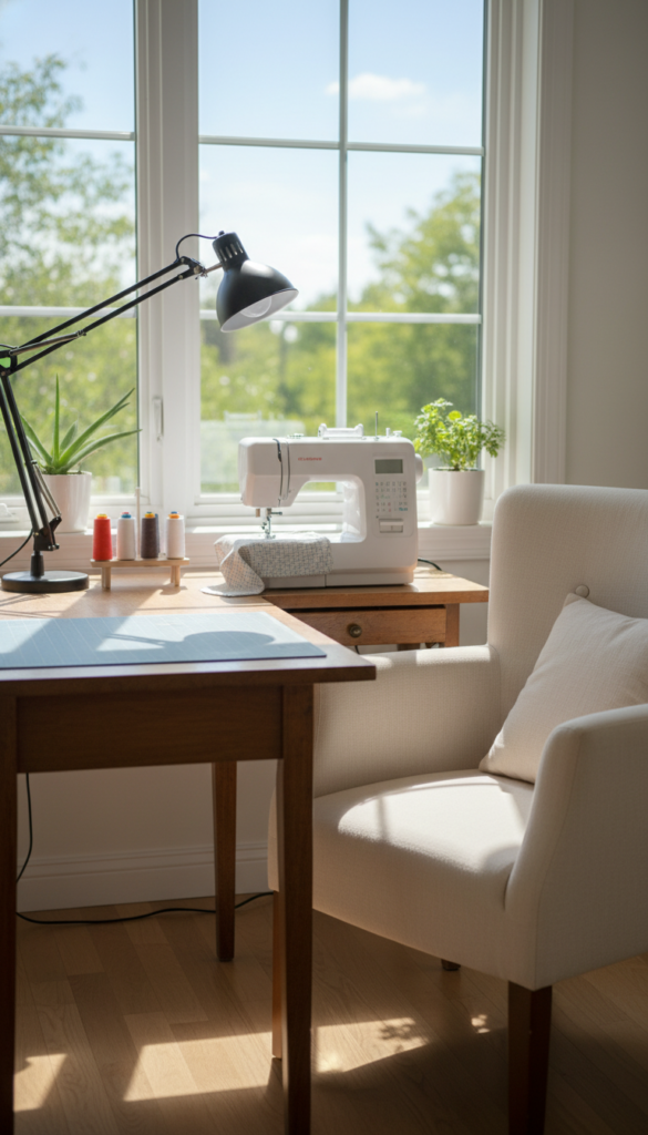 well-lit sewing machine workspace setup